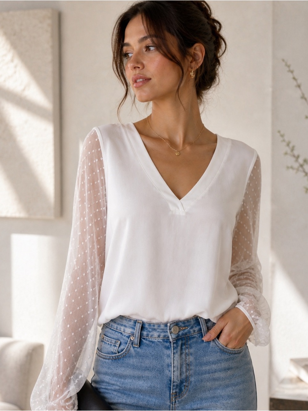 Zara white sheer back v neckline blouse top Small